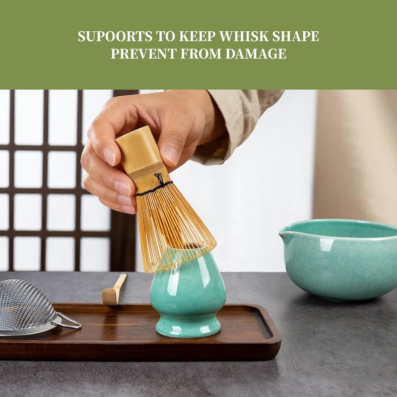 YIBO Matcha Whisk Set, Matcha Kit Bamboo Whisk and Ceramic Bowl with Spout & Measuring Spoon & Cup, Japanese Ceremony Matcha Tea Making Tools Blue - Image 5